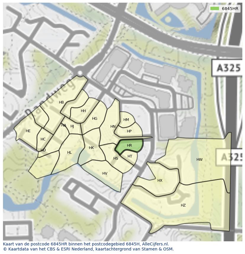 Afbeelding van het postcodegebied 6845 HR op de kaart.