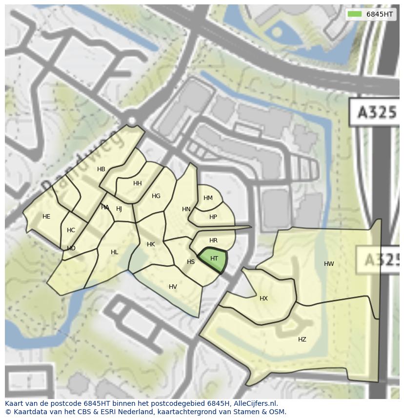 Afbeelding van het postcodegebied 6845 HT op de kaart.