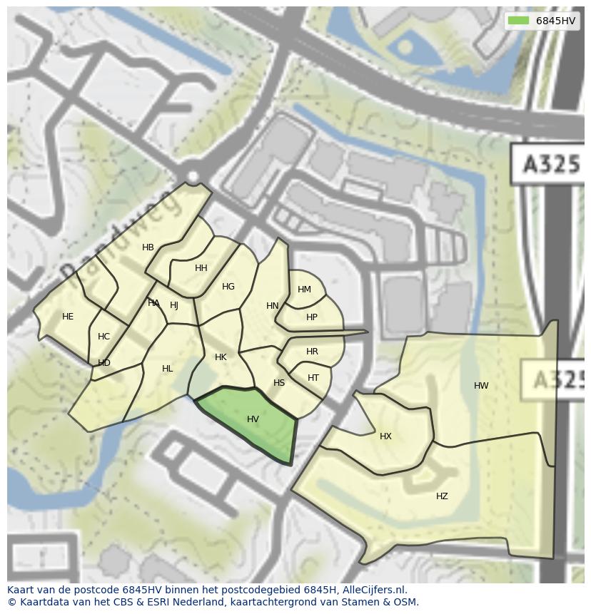 Afbeelding van het postcodegebied 6845 HV op de kaart.