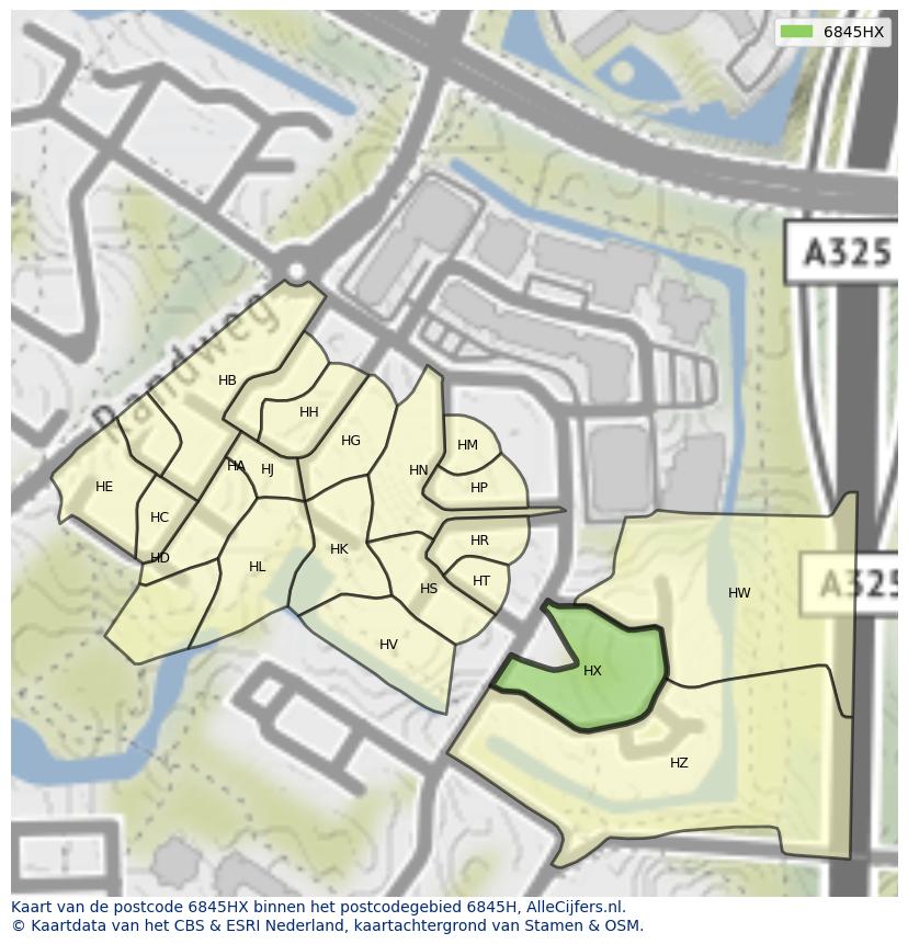Afbeelding van het postcodegebied 6845 HX op de kaart.