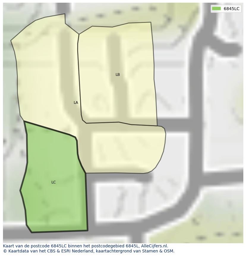 Afbeelding van het postcodegebied 6845 LC op de kaart.