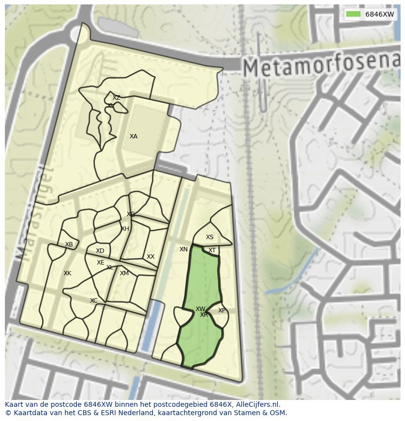 Afbeelding van het postcodegebied 6846 XW op de kaart.