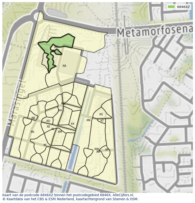 Afbeelding van het postcodegebied 6846 XZ op de kaart.