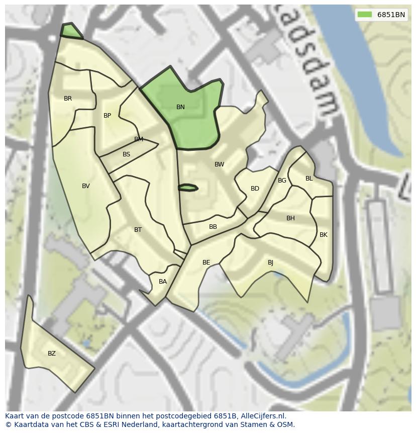 Afbeelding van het postcodegebied 6851 BN op de kaart.