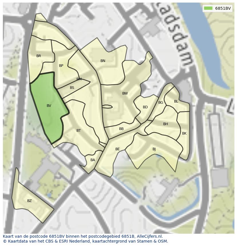 Afbeelding van het postcodegebied 6851 BV op de kaart.