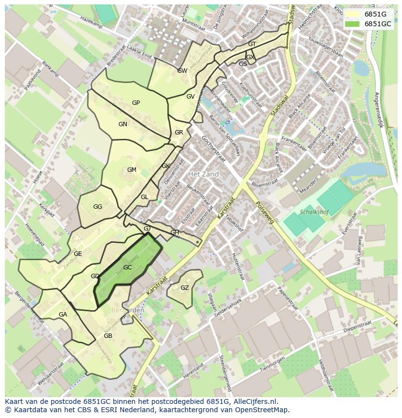 Afbeelding van het postcodegebied 6851 GC op de kaart.