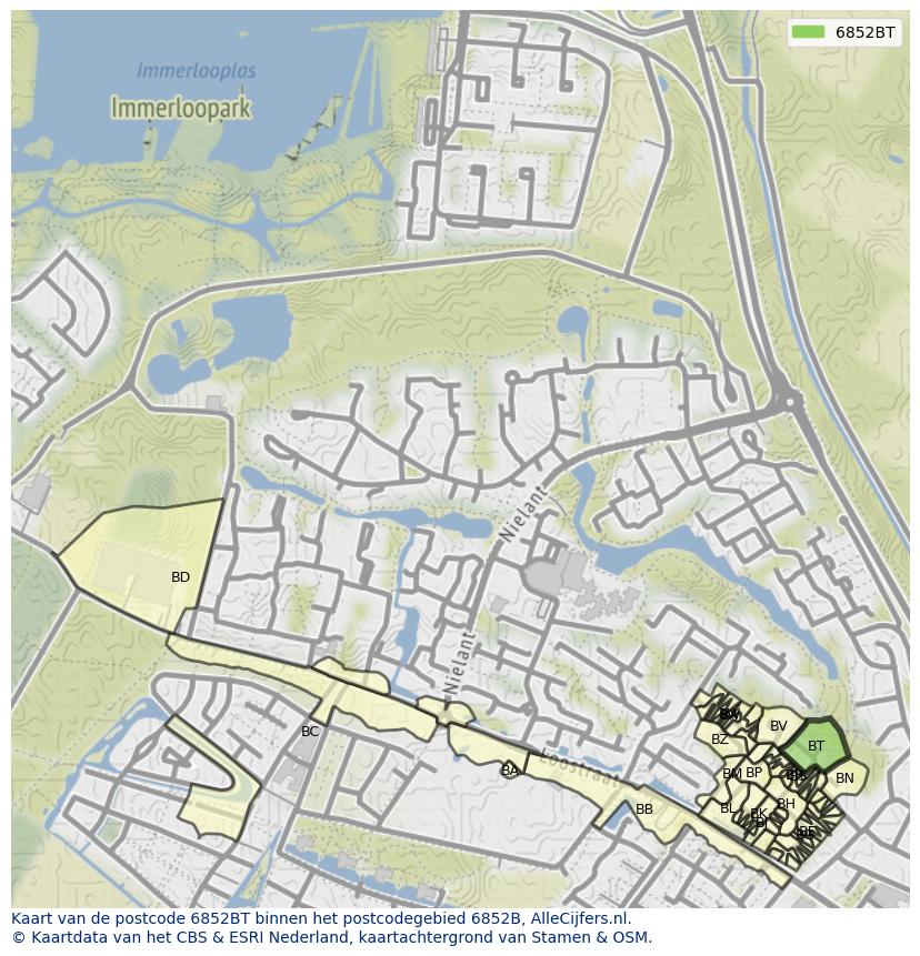Afbeelding van het postcodegebied 6852 BT op de kaart.