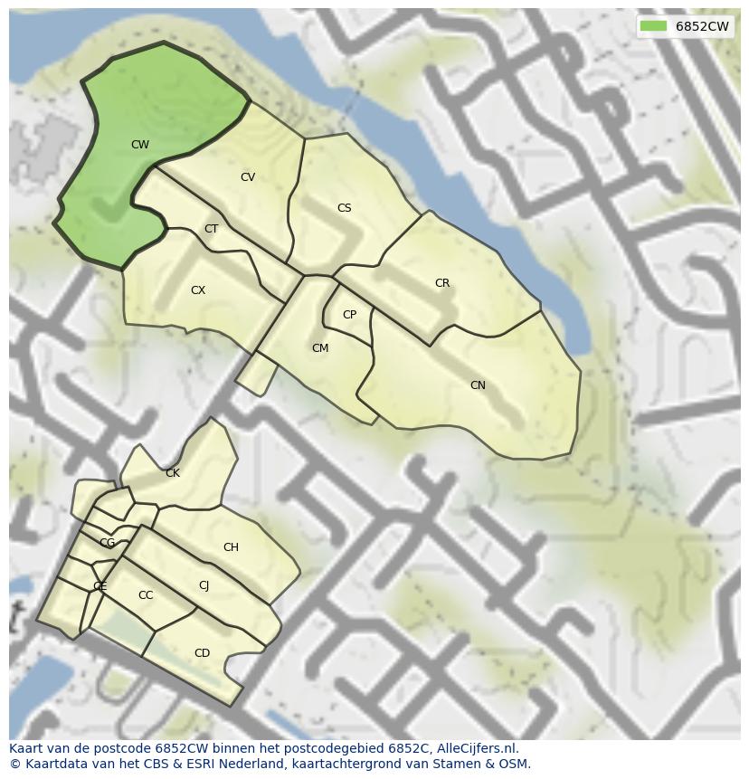 Afbeelding van het postcodegebied 6852 CW op de kaart.