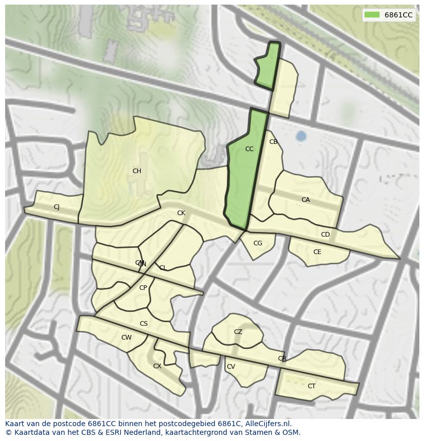 Afbeelding van het postcodegebied 6861 CC op de kaart.