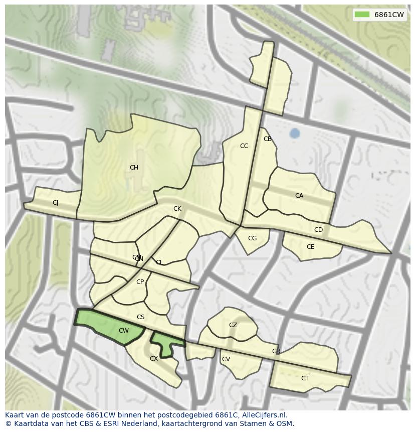 Afbeelding van het postcodegebied 6861 CW op de kaart.