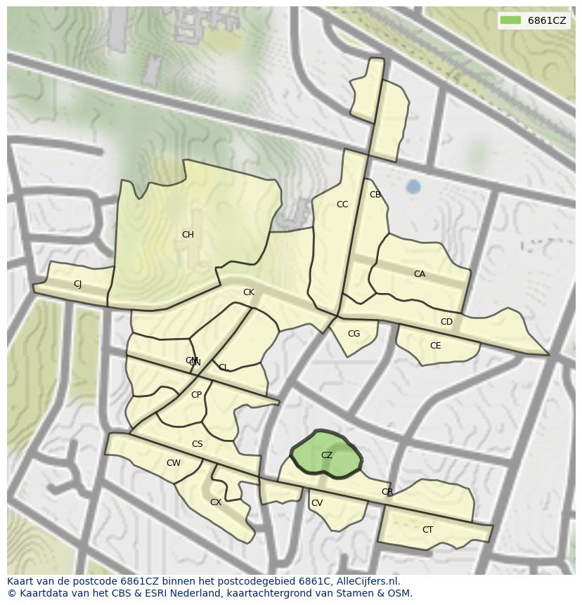 Afbeelding van het postcodegebied 6861 CZ op de kaart.