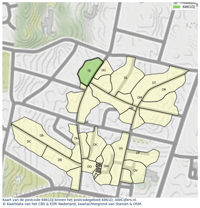 Afbeelding van het postcodegebied 6861 DJ op de kaart.