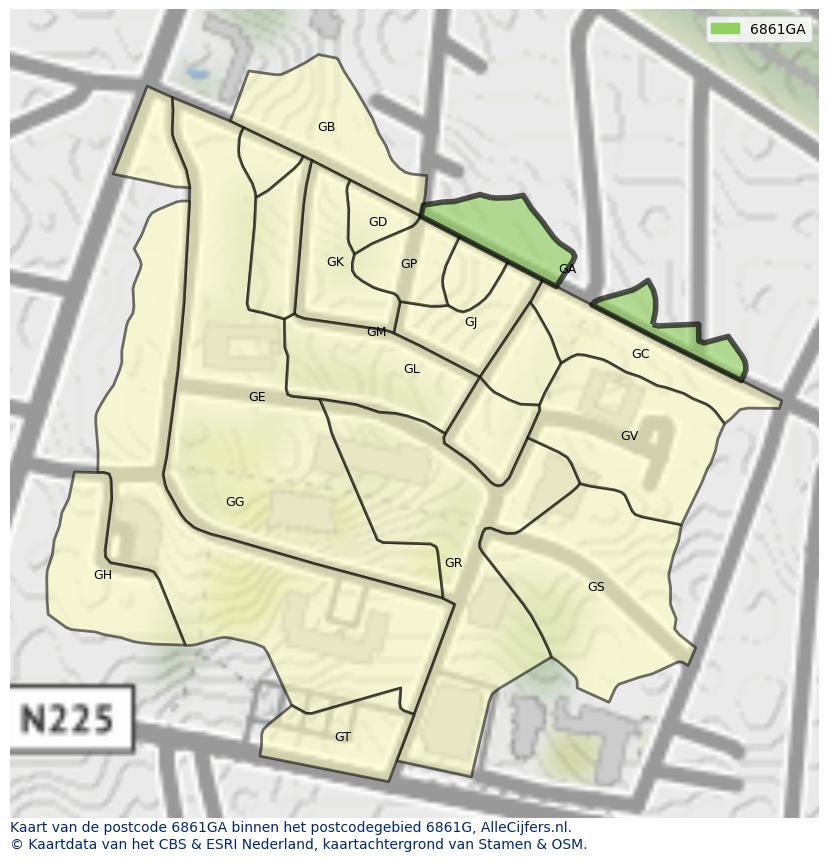 Afbeelding van het postcodegebied 6861 GA op de kaart.