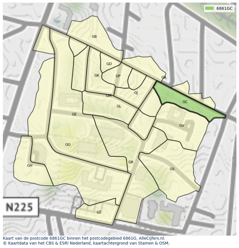 Afbeelding van het postcodegebied 6861 GC op de kaart.