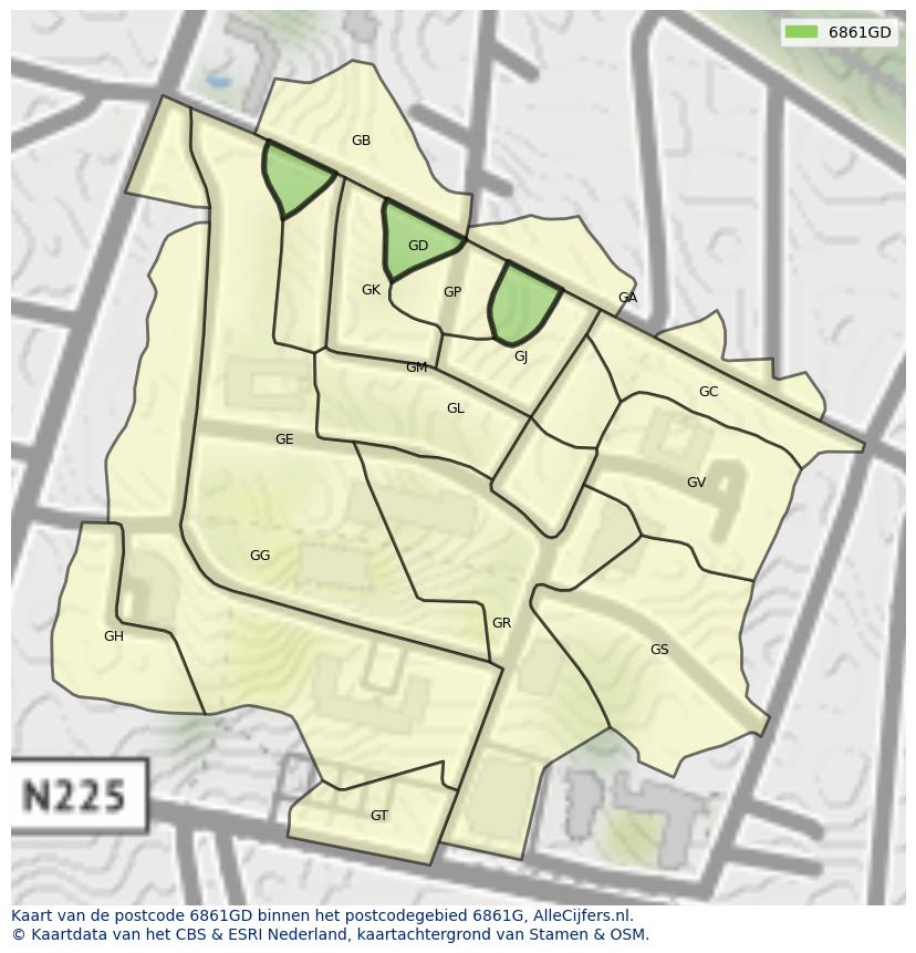 Afbeelding van het postcodegebied 6861 GD op de kaart.