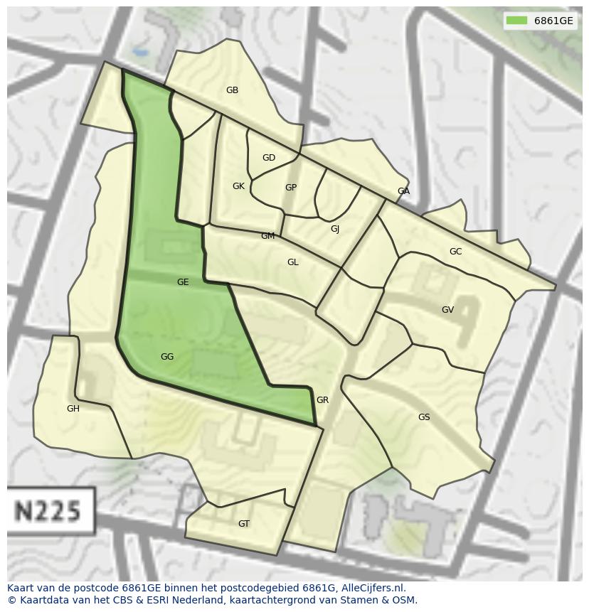 Afbeelding van het postcodegebied 6861 GE op de kaart.