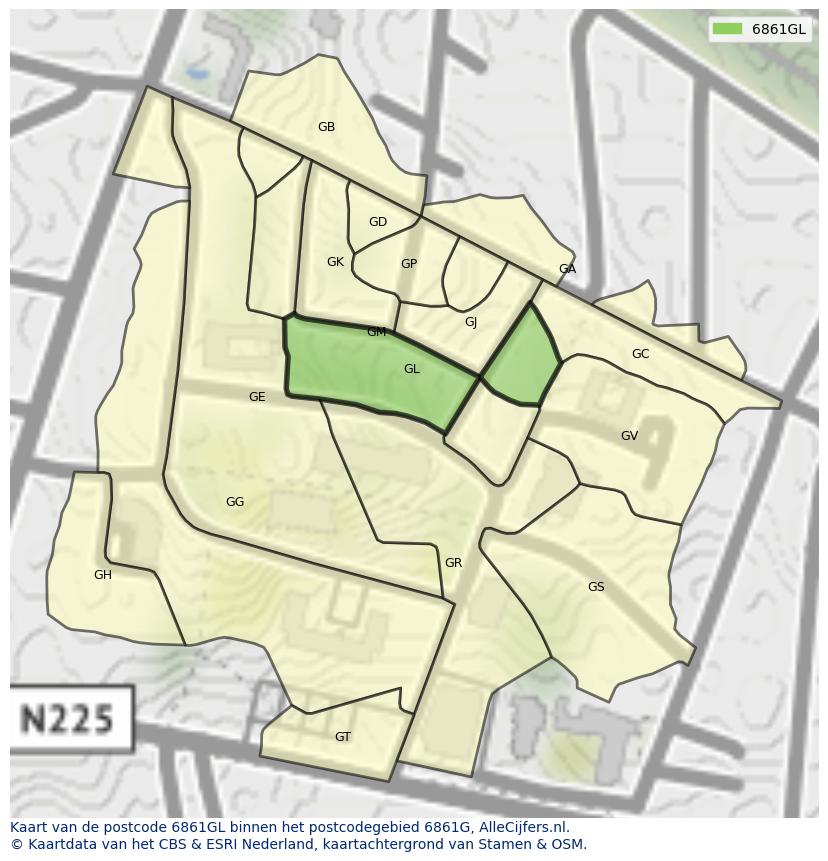 Afbeelding van het postcodegebied 6861 GL op de kaart.