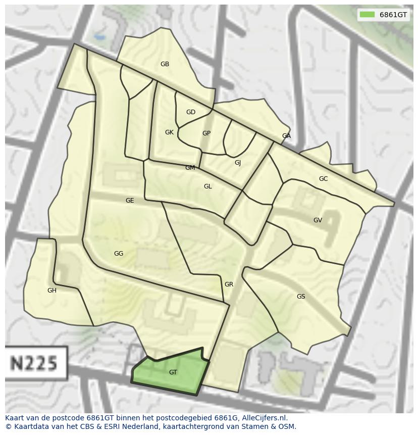 Afbeelding van het postcodegebied 6861 GT op de kaart.