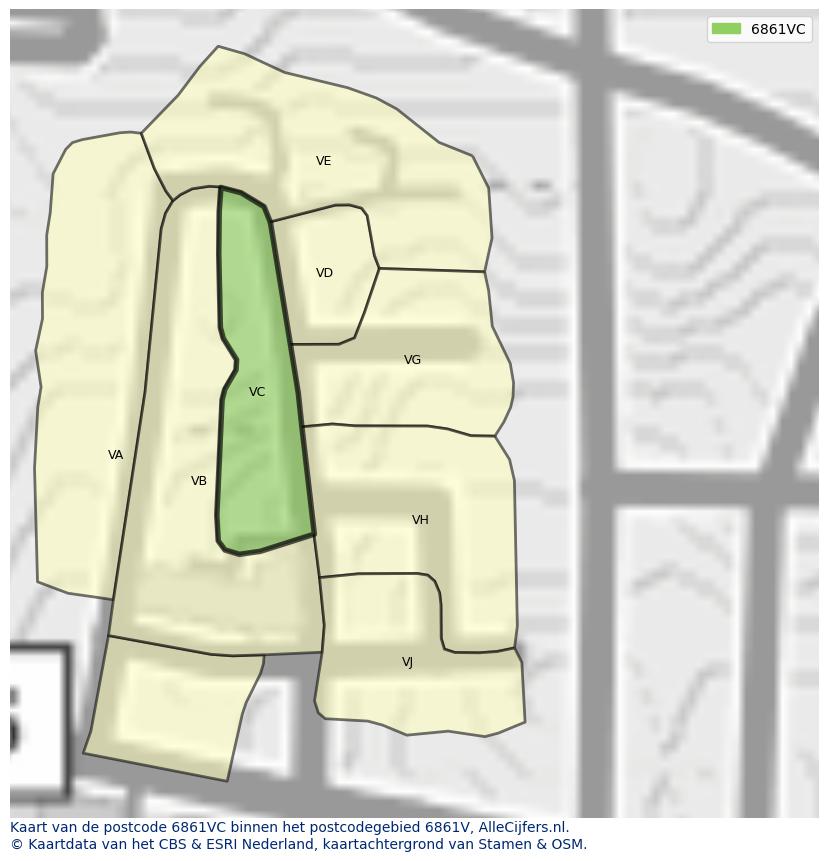Afbeelding van het postcodegebied 6861 VC op de kaart.