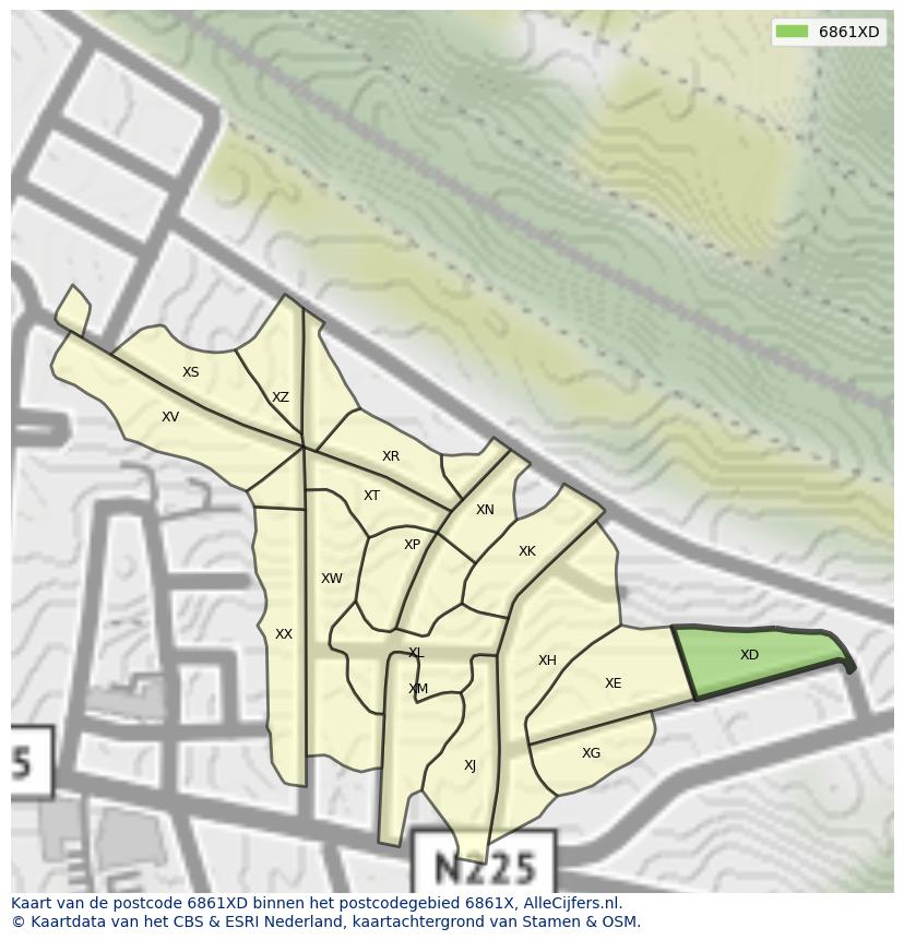 Afbeelding van het postcodegebied 6861 XD op de kaart.