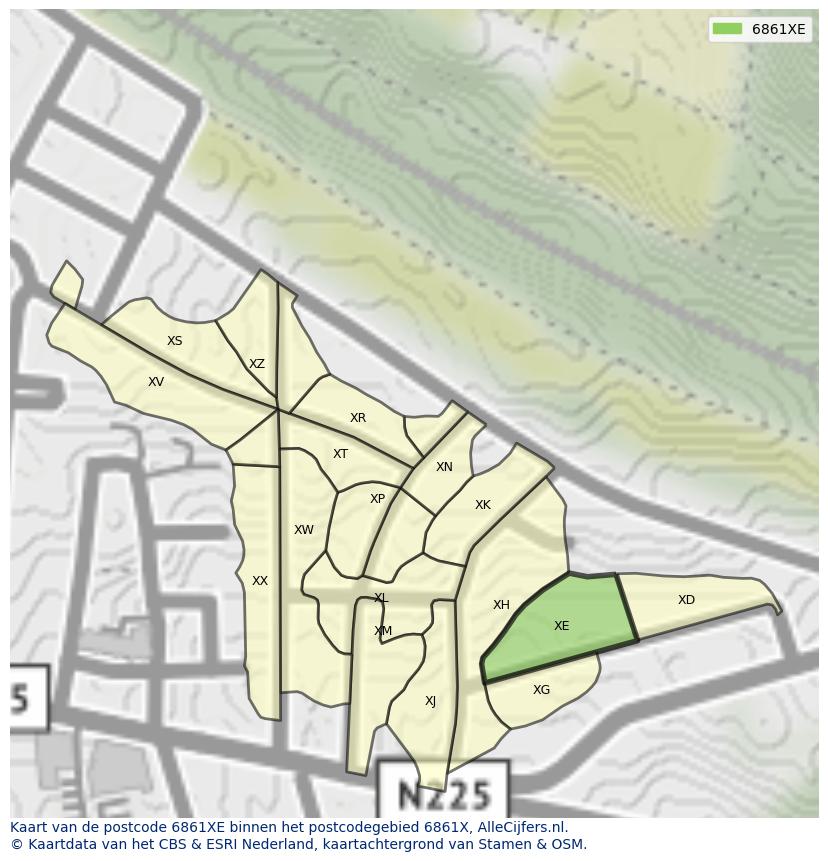 Afbeelding van het postcodegebied 6861 XE op de kaart.