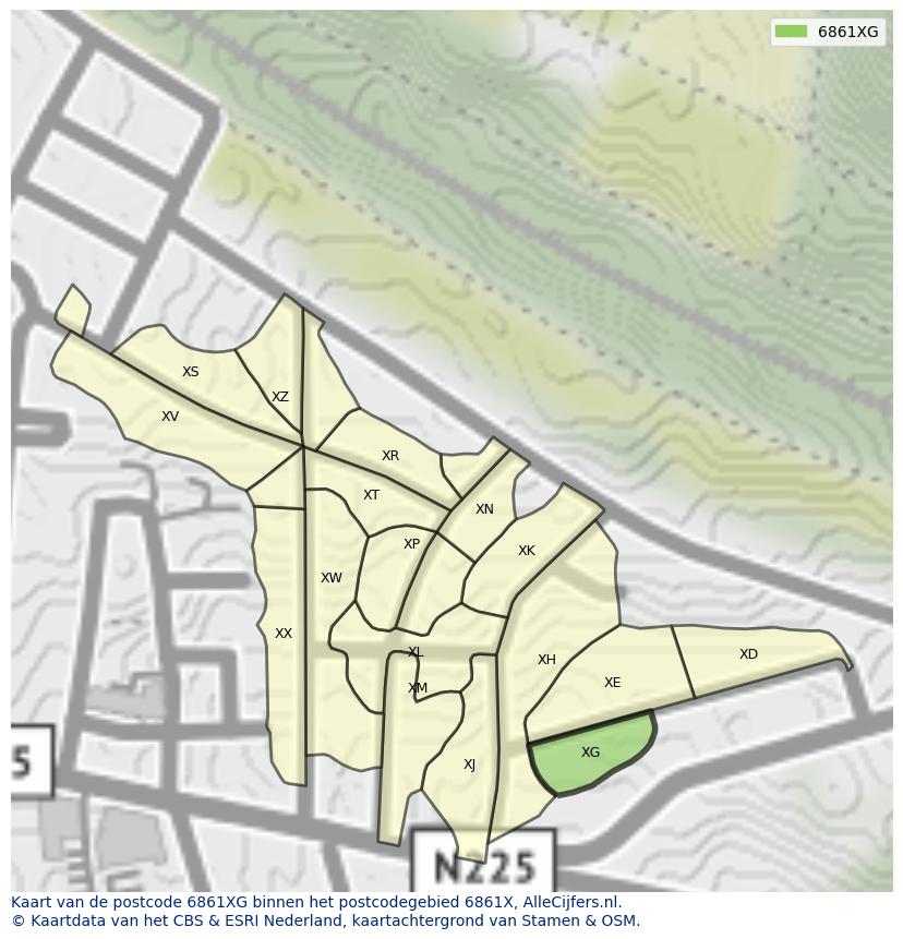 Afbeelding van het postcodegebied 6861 XG op de kaart.