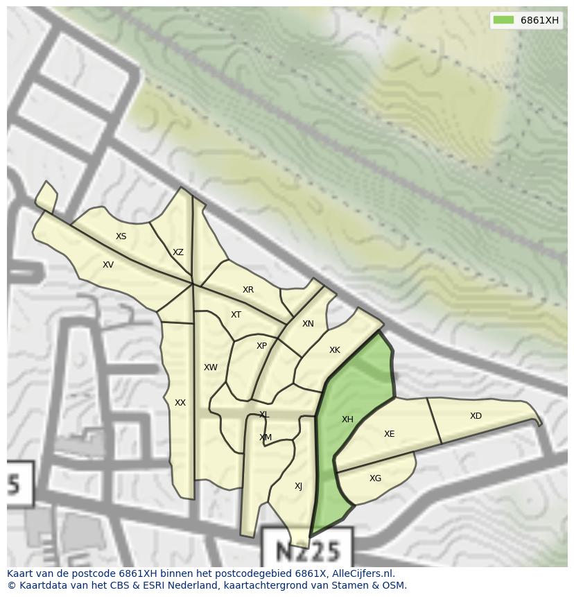 Afbeelding van het postcodegebied 6861 XH op de kaart.