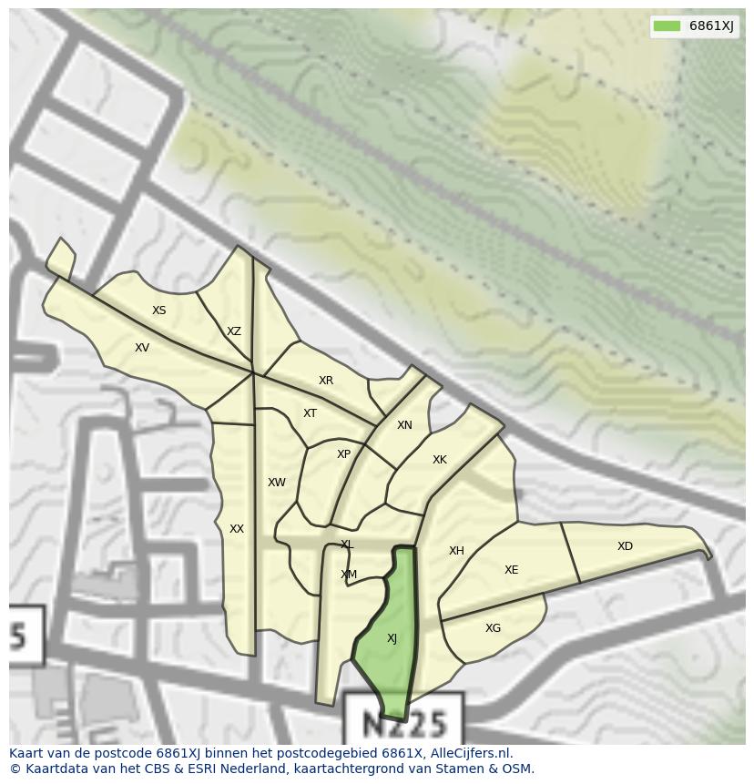 Afbeelding van het postcodegebied 6861 XJ op de kaart.