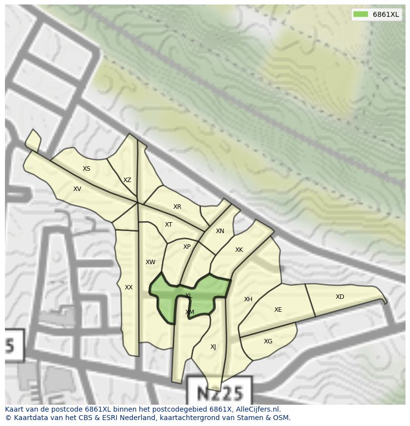 Afbeelding van het postcodegebied 6861 XL op de kaart.