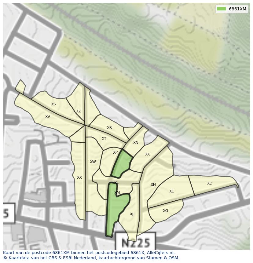 Afbeelding van het postcodegebied 6861 XM op de kaart.