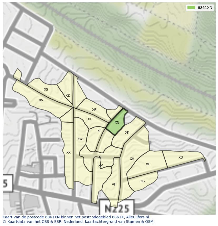 Afbeelding van het postcodegebied 6861 XN op de kaart.