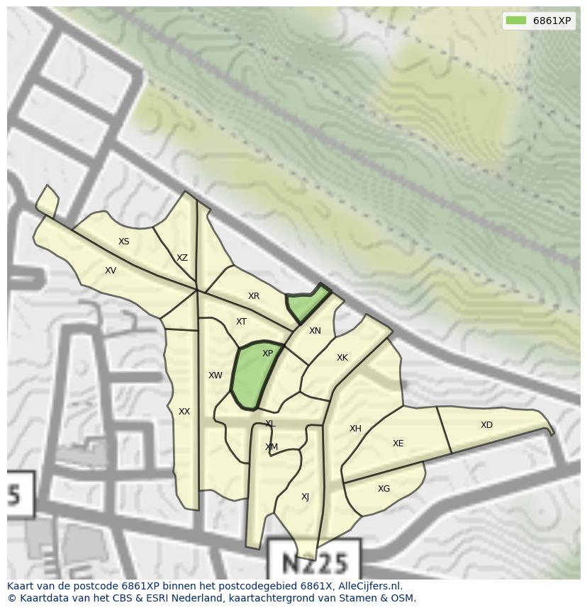 Afbeelding van het postcodegebied 6861 XP op de kaart.