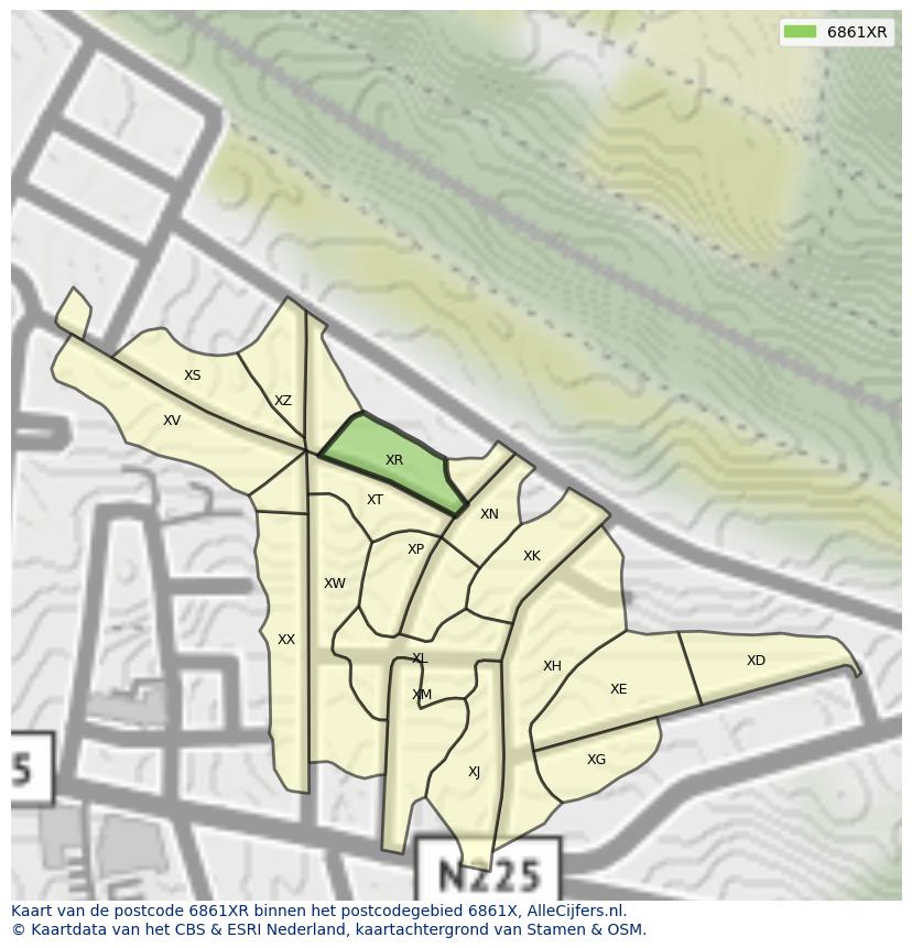 Afbeelding van het postcodegebied 6861 XR op de kaart.