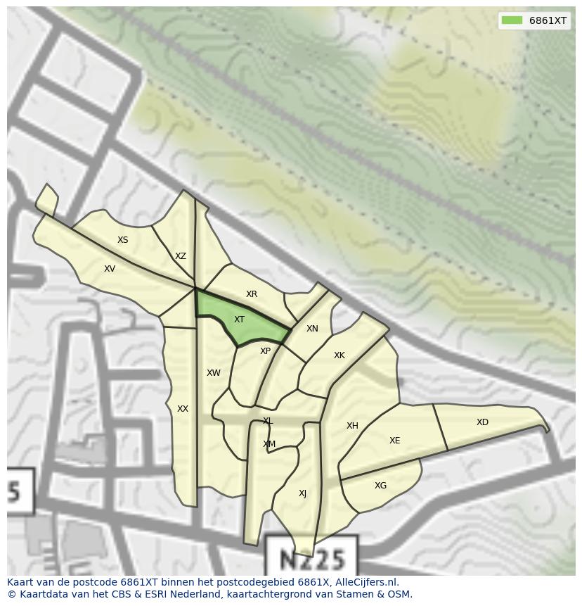 Afbeelding van het postcodegebied 6861 XT op de kaart.