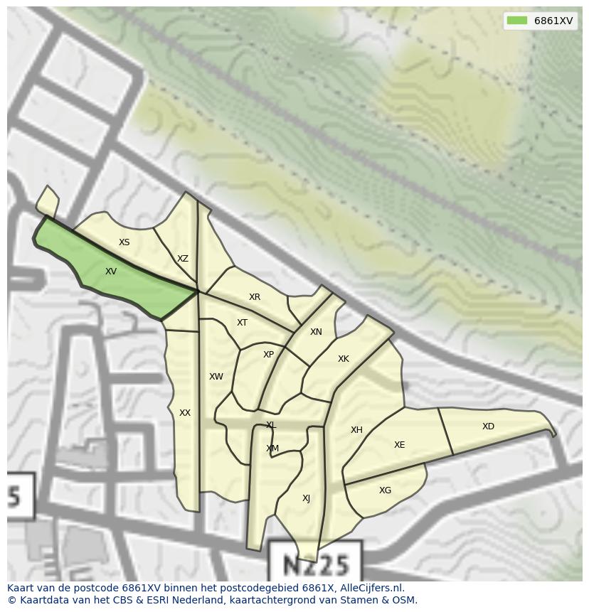 Afbeelding van het postcodegebied 6861 XV op de kaart.