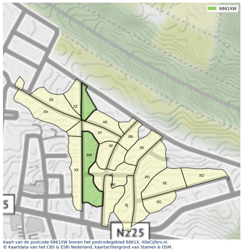Afbeelding van het postcodegebied 6861 XW op de kaart.