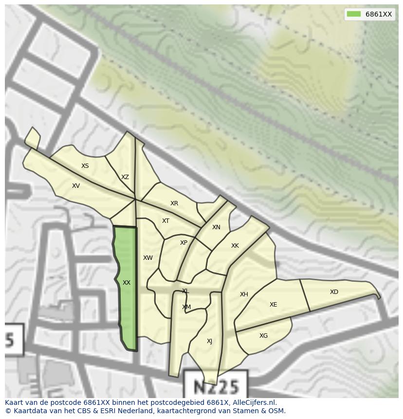 Afbeelding van het postcodegebied 6861 XX op de kaart.