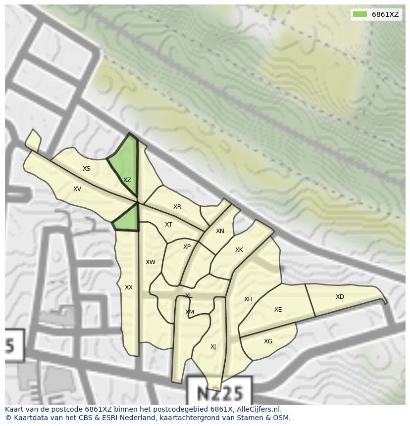 Afbeelding van het postcodegebied 6861 XZ op de kaart.