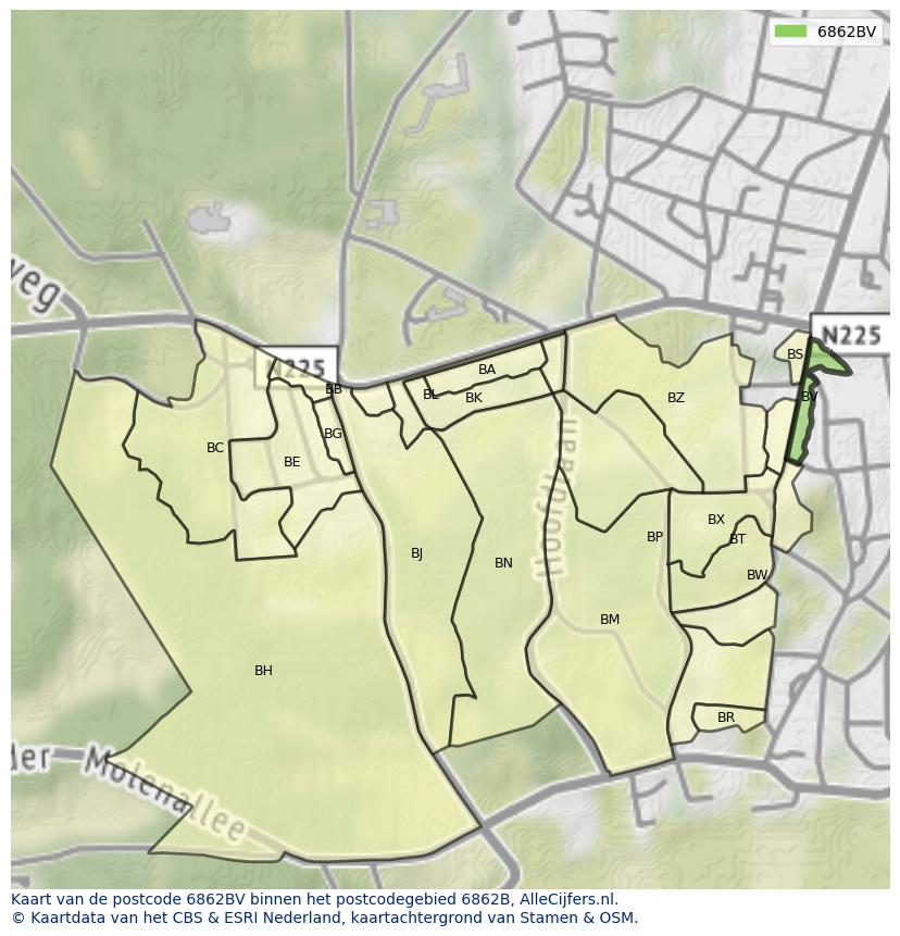 Afbeelding van het postcodegebied 6862 BV op de kaart.