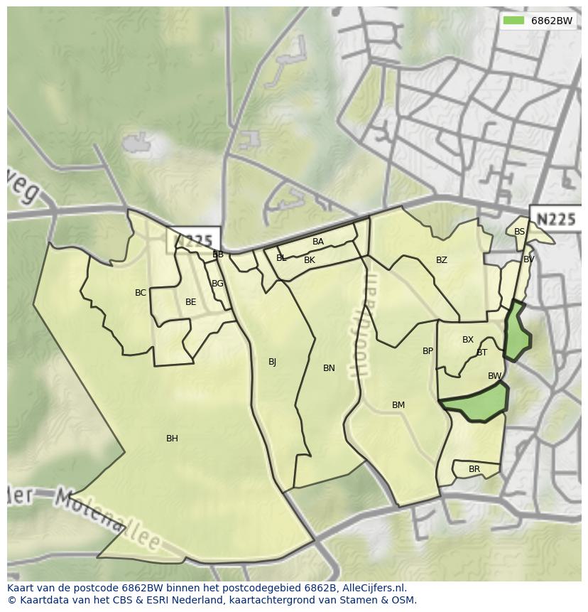 Afbeelding van het postcodegebied 6862 BW op de kaart.