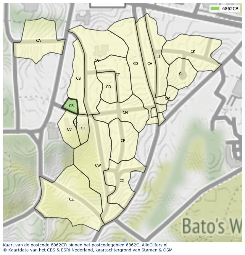 Afbeelding van het postcodegebied 6862 CR op de kaart.