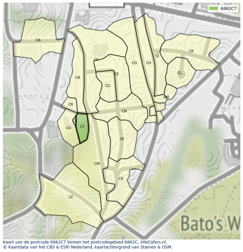 Afbeelding van het postcodegebied 6862 CT op de kaart.