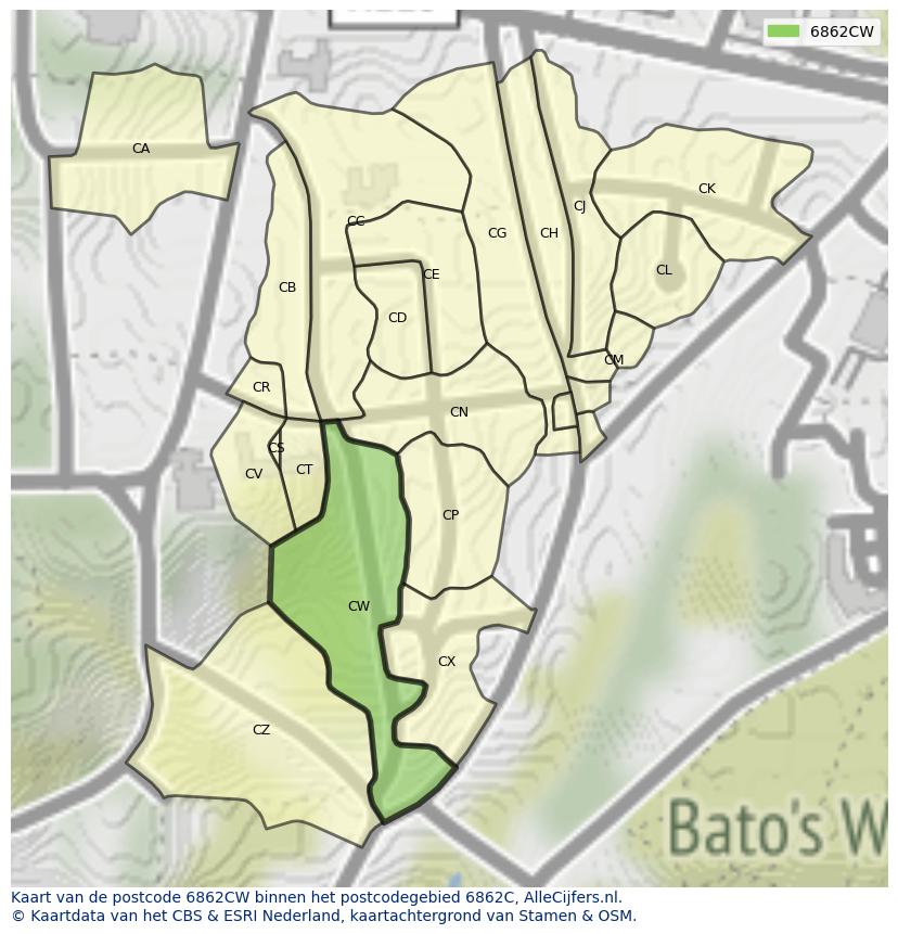 Afbeelding van het postcodegebied 6862 CW op de kaart.