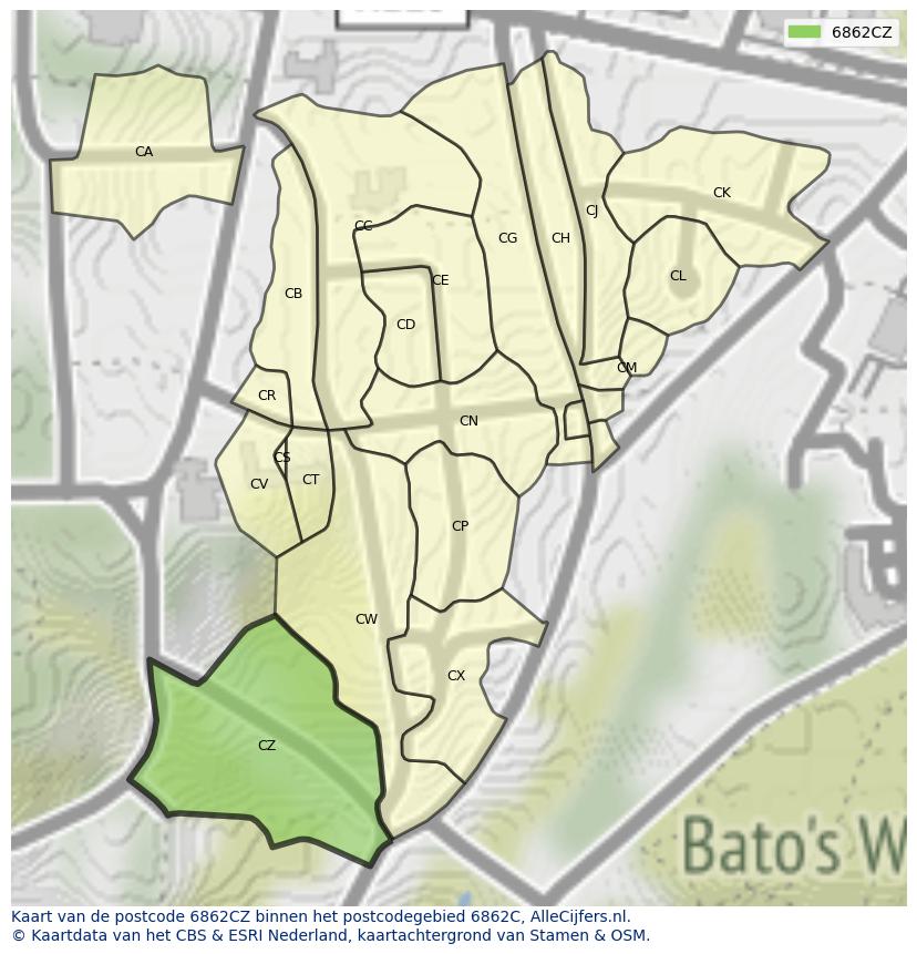 Afbeelding van het postcodegebied 6862 CZ op de kaart.