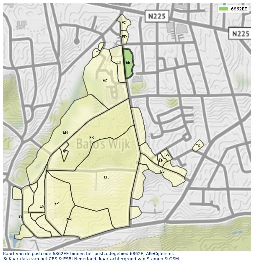 Afbeelding van het postcodegebied 6862 EE op de kaart.