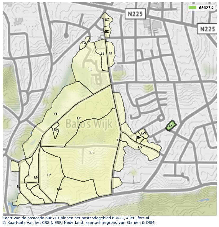 Afbeelding van het postcodegebied 6862 EX op de kaart.