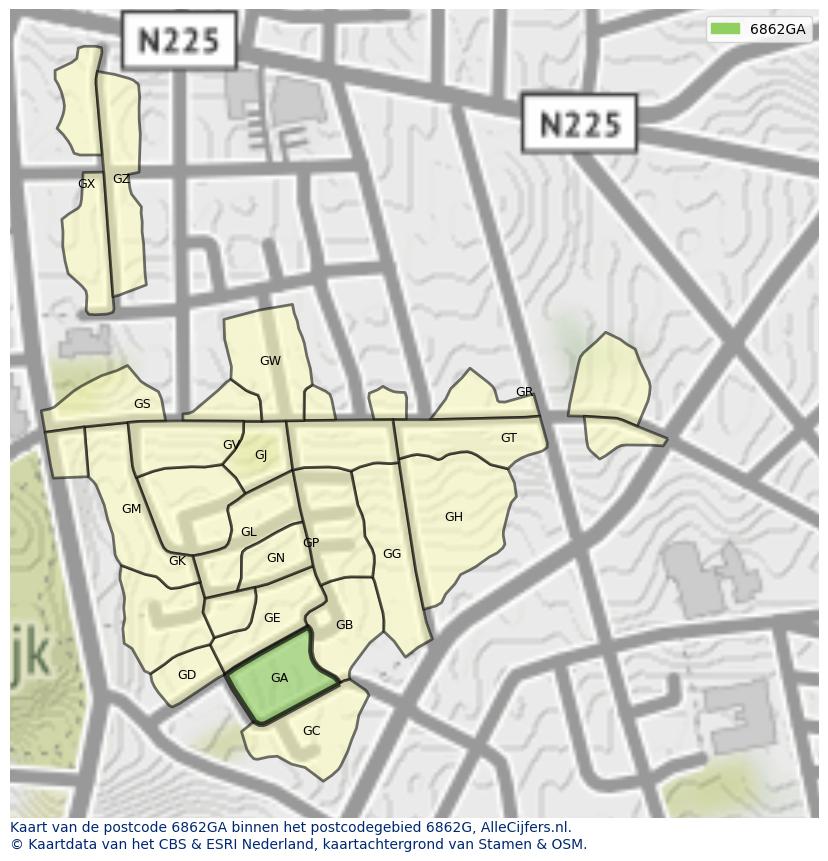 Afbeelding van het postcodegebied 6862 GA op de kaart.