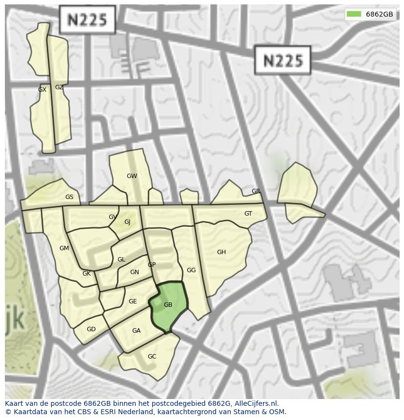 Afbeelding van het postcodegebied 6862 GB op de kaart.