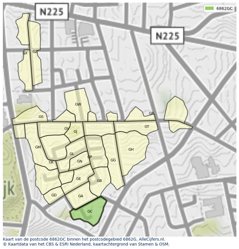 Afbeelding van het postcodegebied 6862 GC op de kaart.