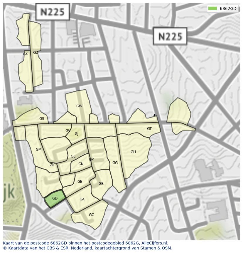 Afbeelding van het postcodegebied 6862 GD op de kaart.